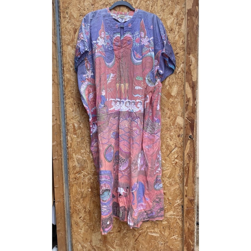 Vintage J PETERMAN Kaftan One Size Cotton White Lotus Boho Caftan Aquatic Print